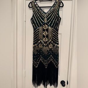 Elegant Black, Dark Green and Gold Beaded Fringed Flapper Style Dress- Size S